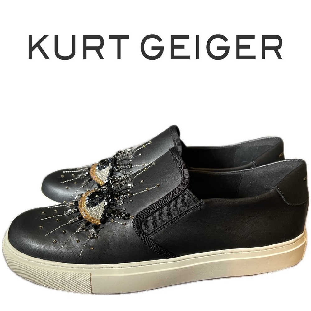 Kurt Geiger Black Leather Slip-On Sneakers with Embellished Evil Eye - Picture 3 of 10